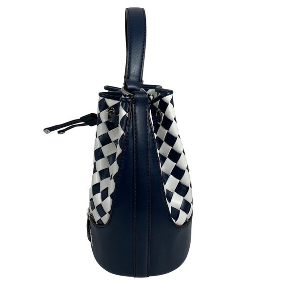MICHAEL KORS Reed Belted Bucket Messenger Bag Navy/White Checkered Leather + Fob - Picture 2 of 10
